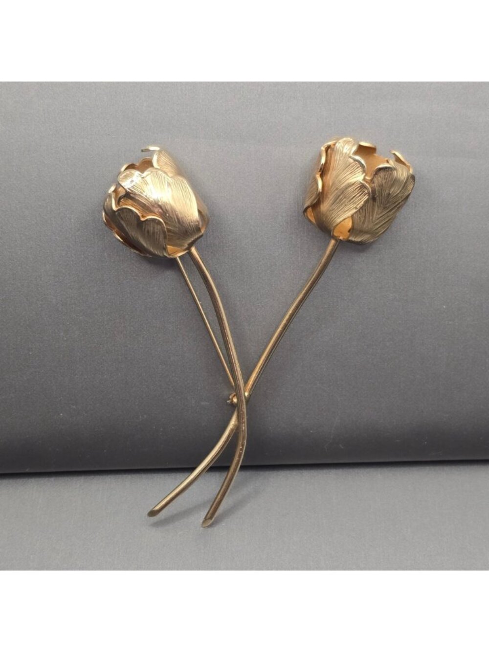 Vintage Giovanni Tulip Brooch 3.75" Long Stem Brushed Gold Tone 60s USA Made Pin - Picture 3 of 9